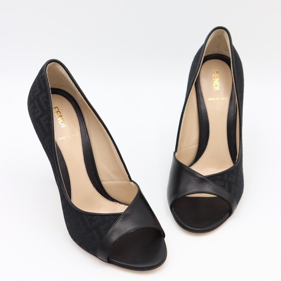 Fendi Shoes - NIB Fendi Black Zucca Canvas Leather Logo Heels